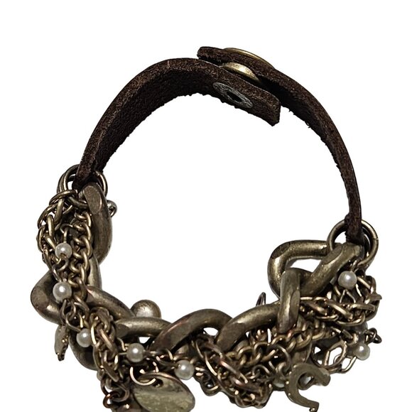 Vintage Leather Brass Chain Link Charm Bracelet Faux Pearls Fashion Jewelry - Picture 4 of 8